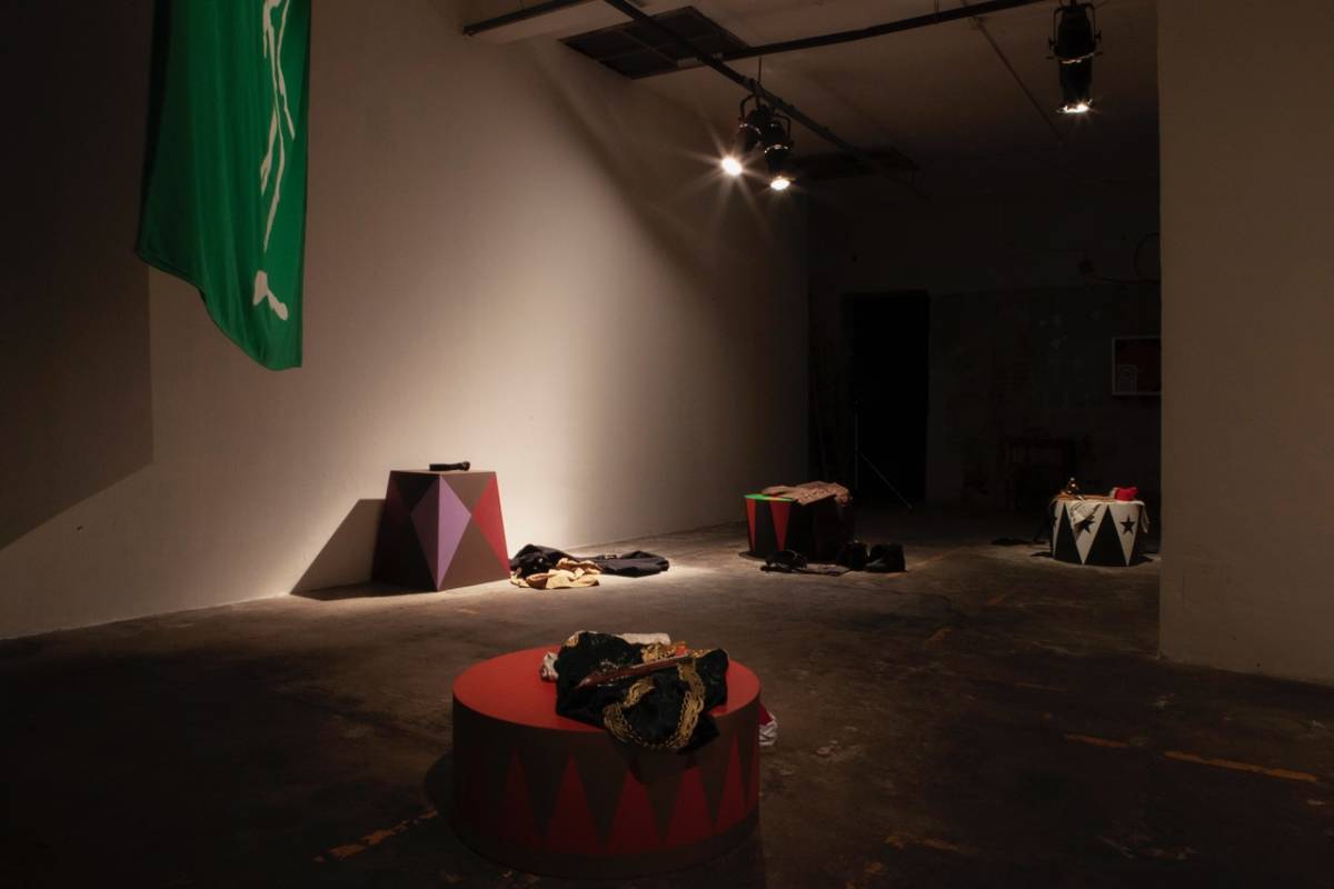 No prey, no pay, 2018–19  7 plinths, 1 flag, garments (pirate costumes)